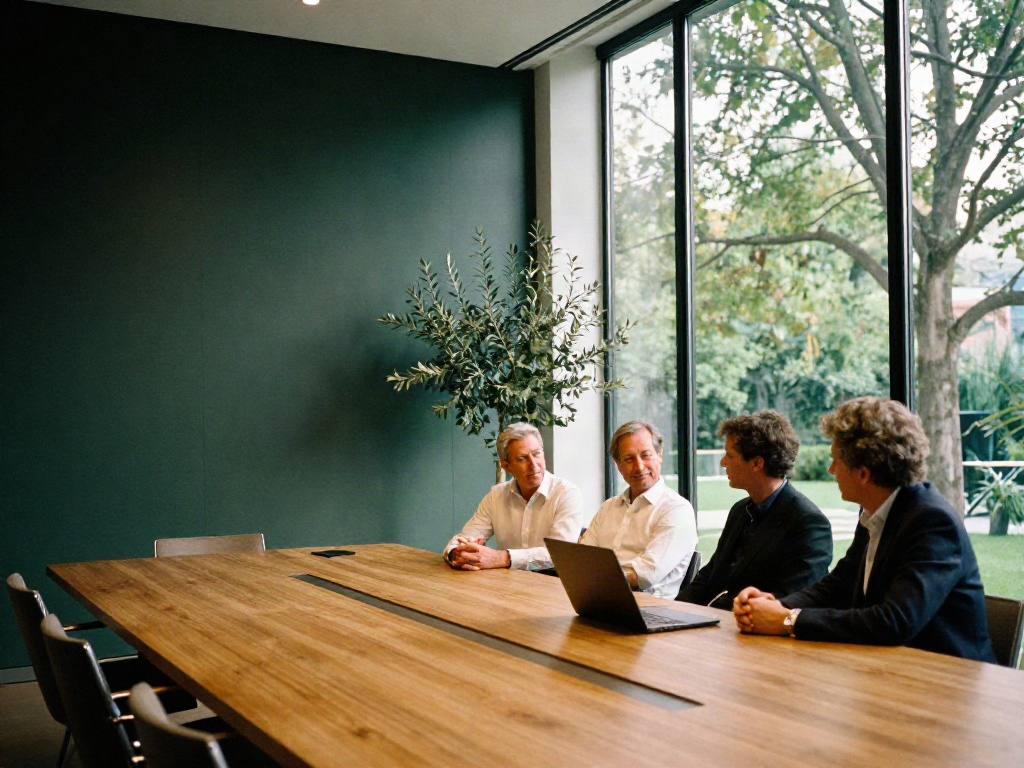 Consultants discussing business strategy in a sunlit contemporary boardroom
