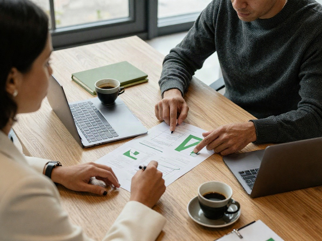 Two colleagues reviewing business reports together at a working session